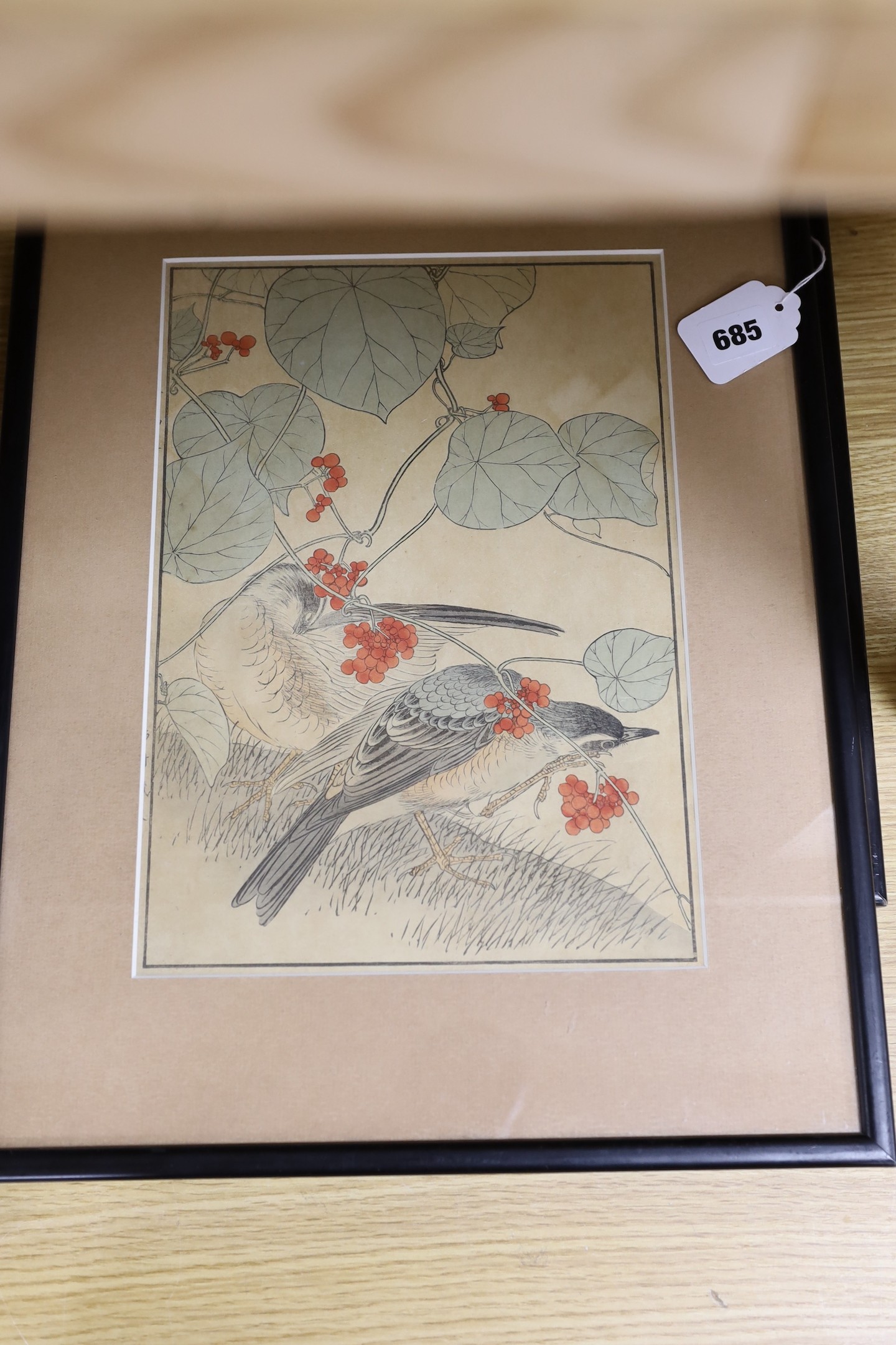 Imao Keinen (Japanese, 1845-1924), three woodblock prints, Studies of birds and flowers, 32 x 23cm